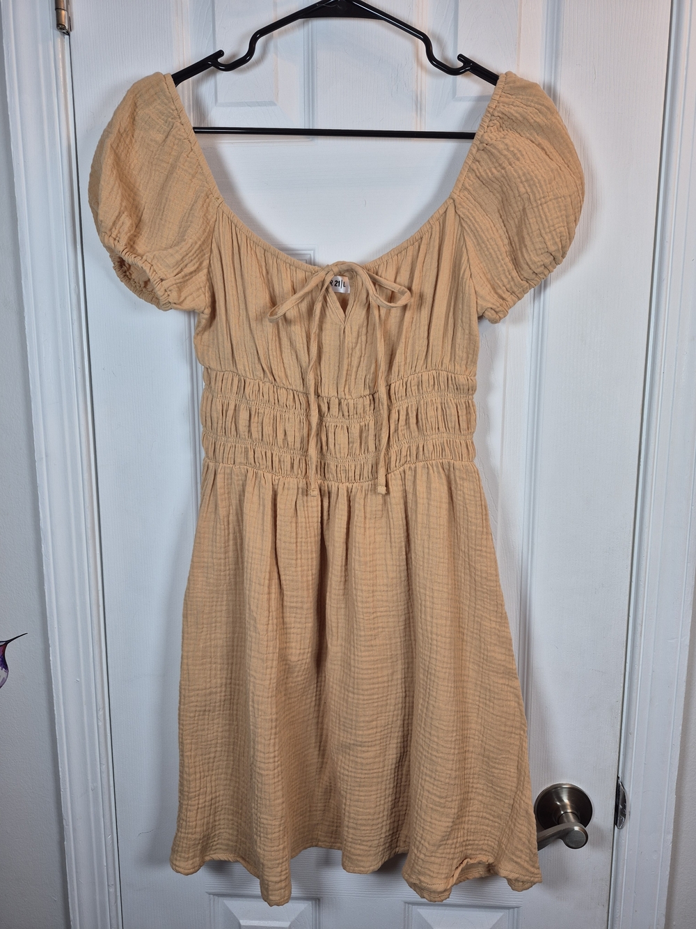 Popular 21 Cottagecore Gauze Mini Dress Large Coquette Puff Sleeve Smocked Khaki